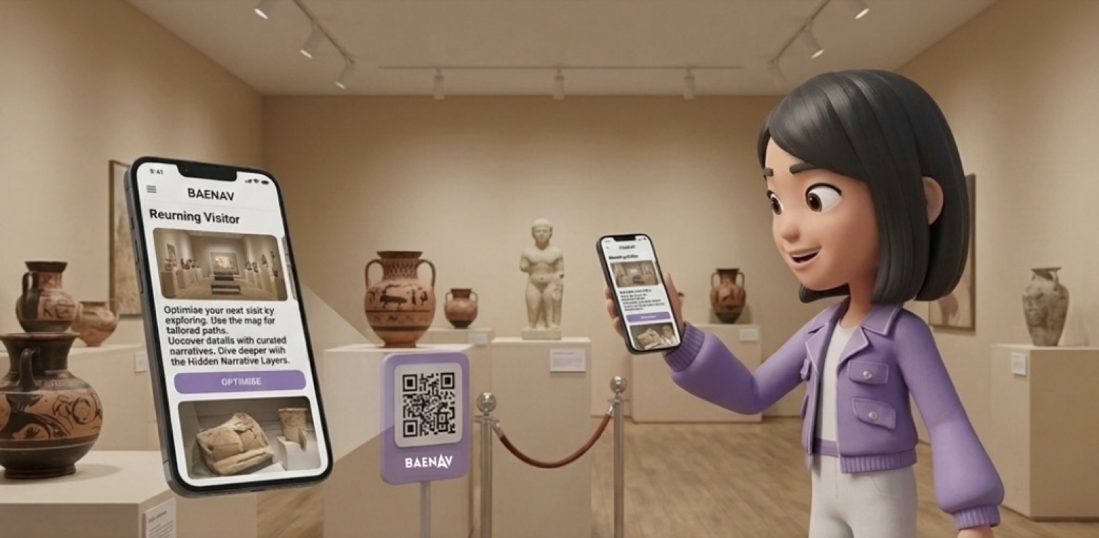 An illustrated visitor in a museum gallery using the BAENAV guide on her phone