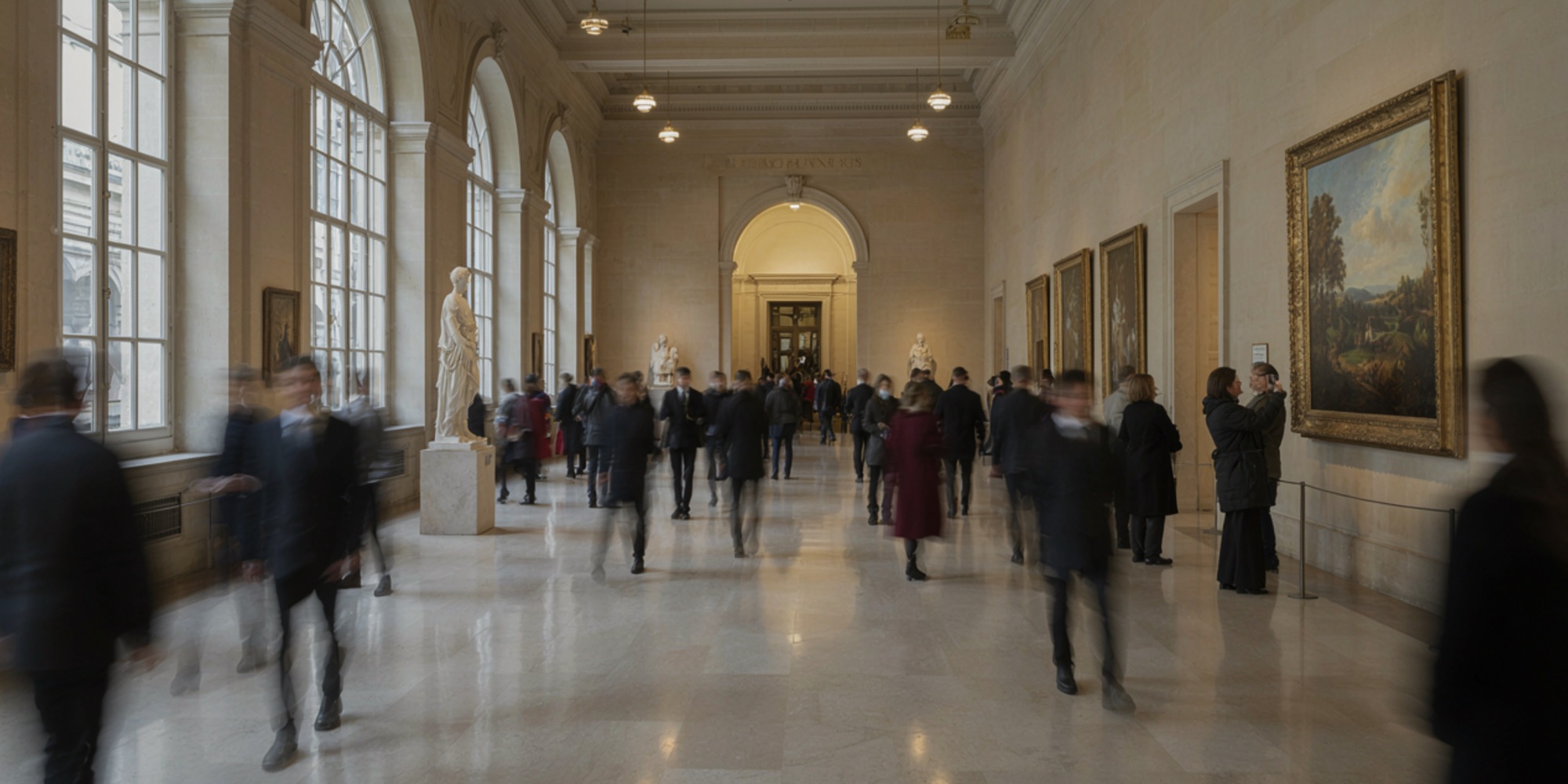 Visitors walking through a long, sunlit museum gallery with arched windows, classical statues and framed paintings, their figures blurred by movement