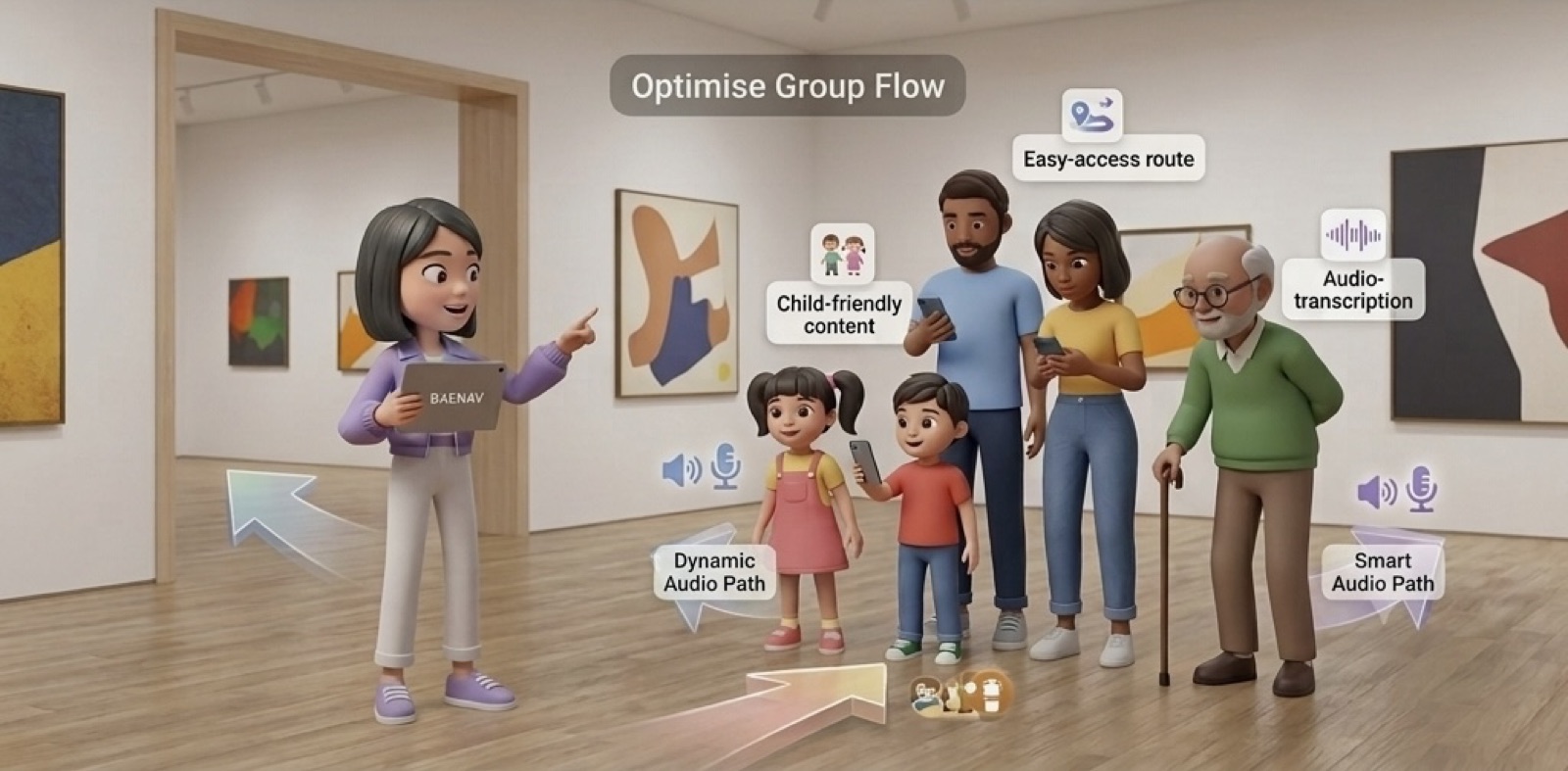 An illustrated family group in a gallery, with route options such as child-friendly content and an easy-access route